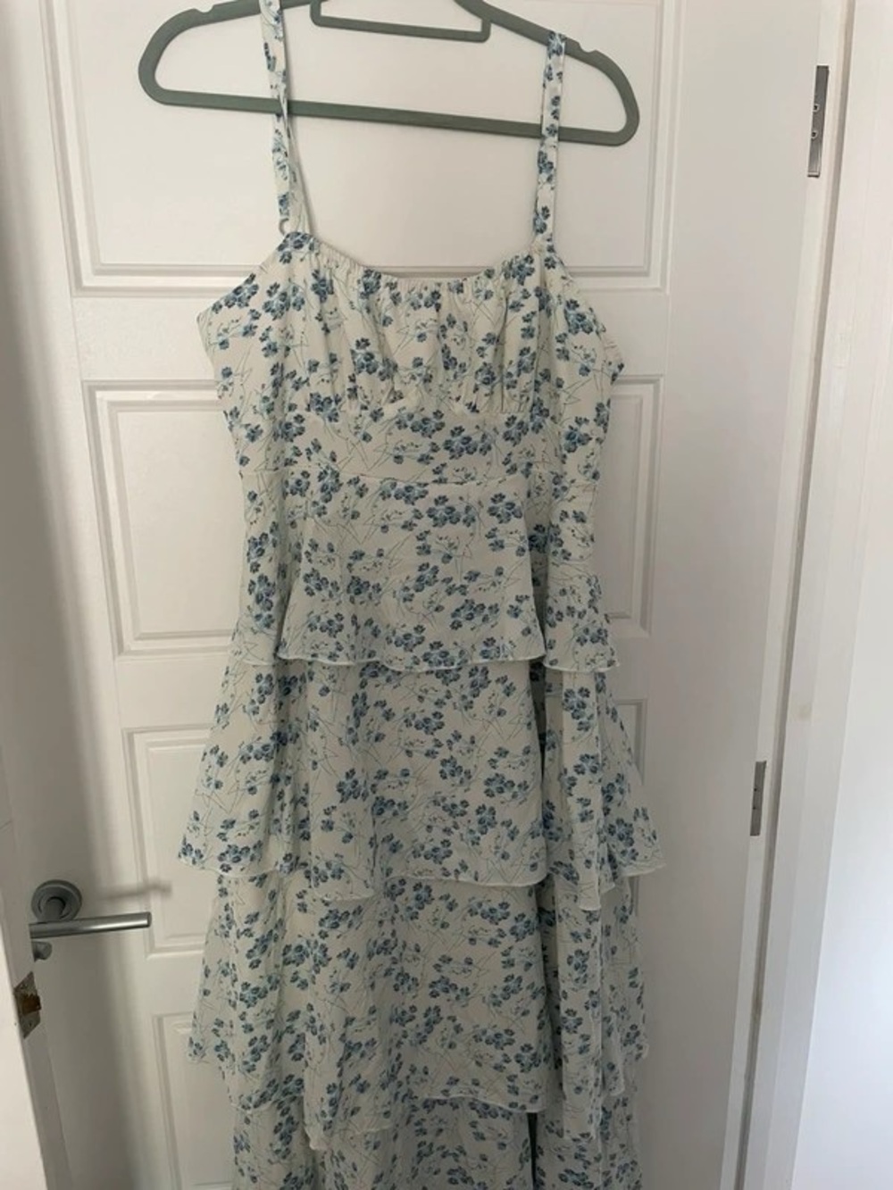 Cream Midi Dress with Blue Floral Print and Tiered Skirt
